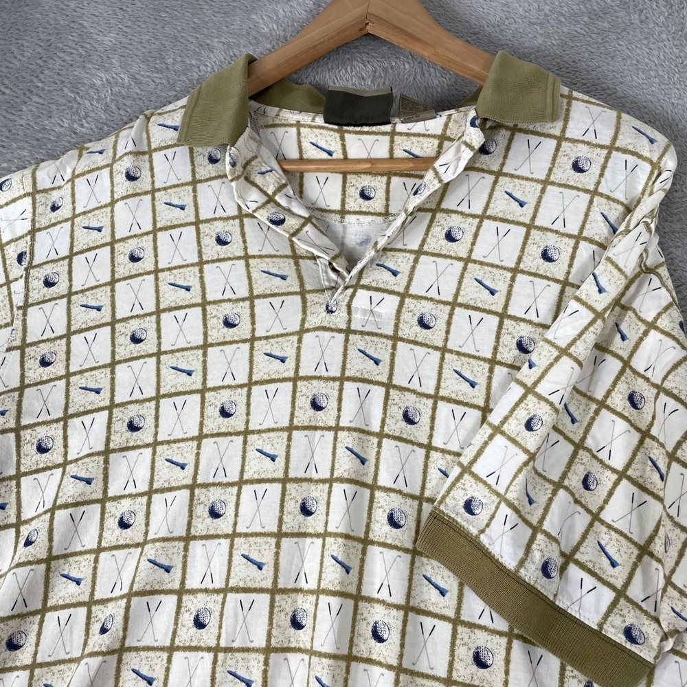 Vintage Farah Golf Polo Mens Medium White Olive Allover Print Grid Sporty
